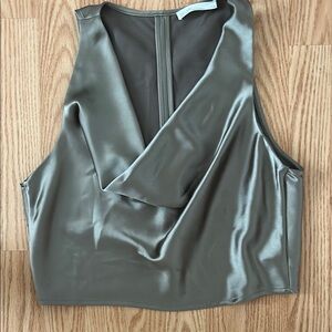 OAK + FORT Green Crop Tank Top with Asymmetrical Design and Bib Collar